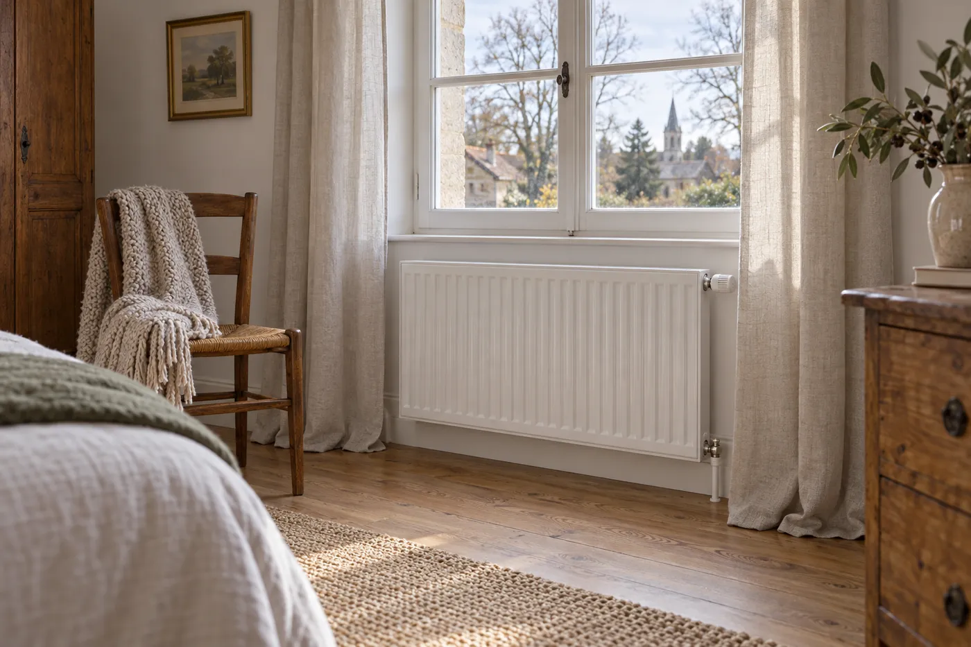 Radiateur neuf avec robinet thermostatique sous une fenêtre dans une maison ancienne près de Rambouillet
